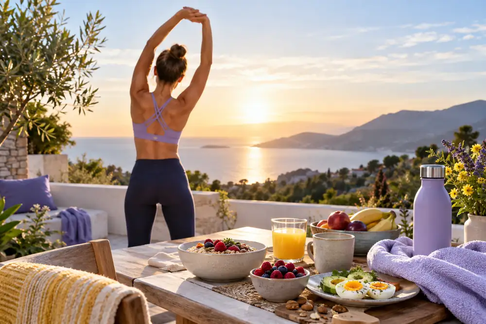 Sportive vue de dos qui s’étire au lever du soleil près d’un petit-déjeuner équilibré, alimentation et hormones du sportif