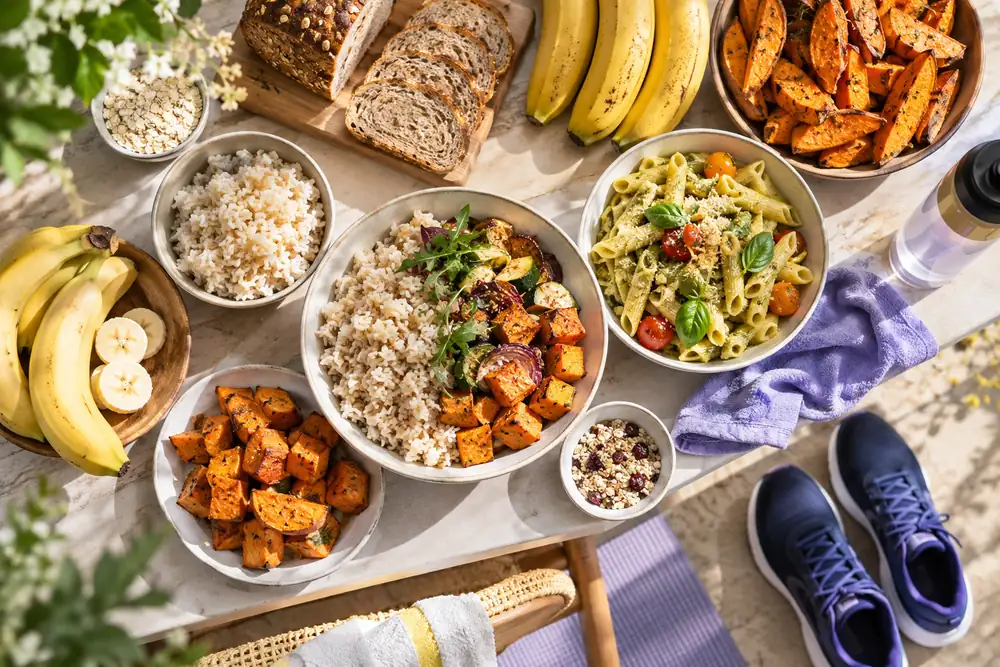Table d’aliments riches en glucides, riz, pâtes, patates douces et bananes, pour recharger le glycogène après l’effort