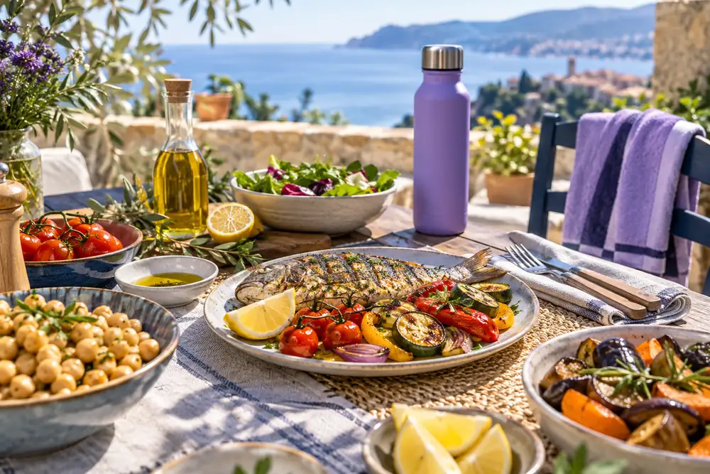 Table méditerranéenne ensoleillée avec poisson grillé, légumes, pois chiches et huile d’olive, régime méditerranéen du sportif