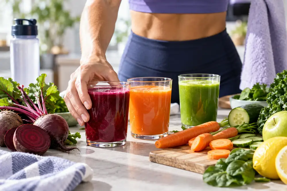 Verres de jus de betterave, de carotte et de légumes verts sur un plan de travail, jus de légumes pour sportifs