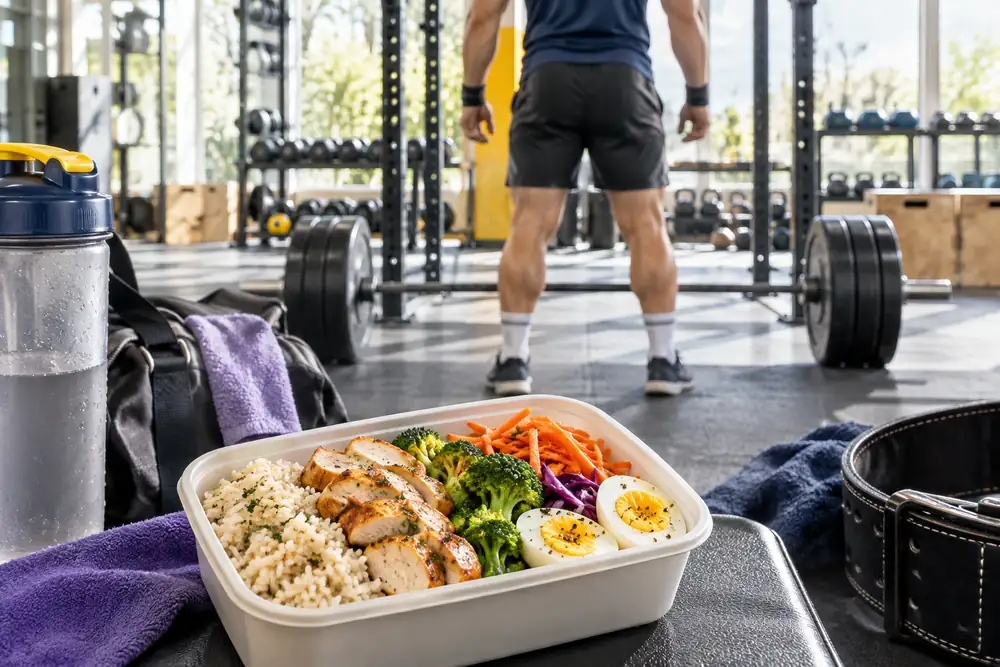 Haltérophile de dos en salle et boîte repas avec riz, poulet, légumes et œufs, besoins nutritionnels des sportifs de force