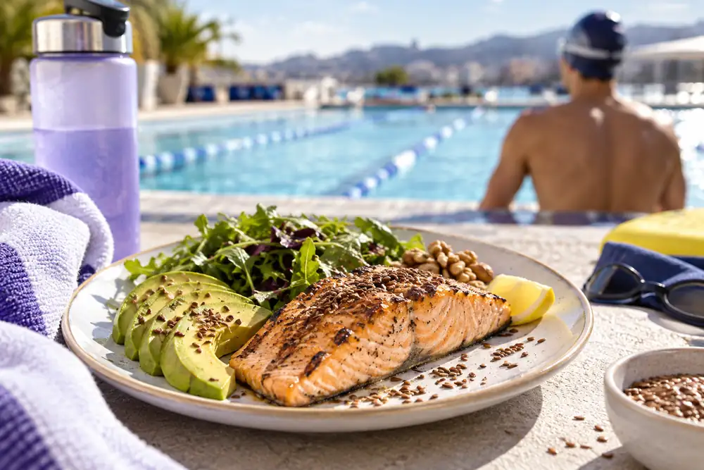 Saumon grillé, avocat, noix et graines de lin au bord d’une piscine, sources d’oméga-3 pour les athlètes