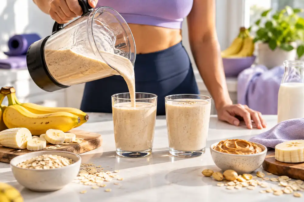 Smoothie protéiné maison à la banane et aux flocons d’avoine versé dans deux verres, boisson protéinée faite maison