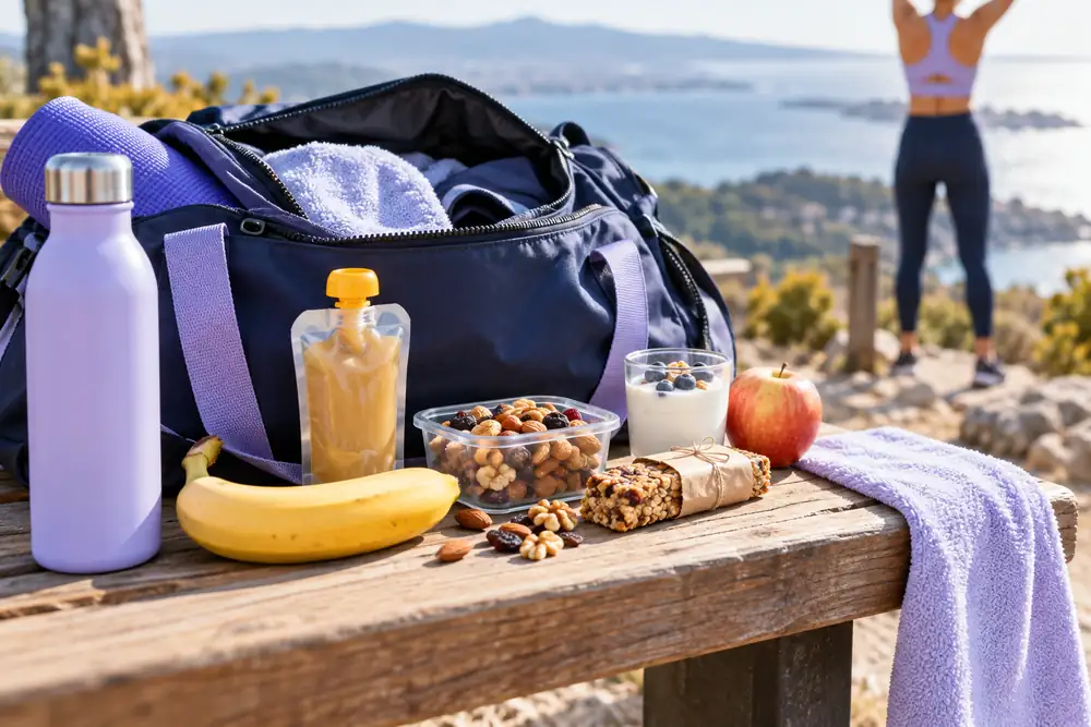 Sac de sport ouvert avec banane, compote, barre maison, fruits secs et gourde, collations idéales pour l’entraînement