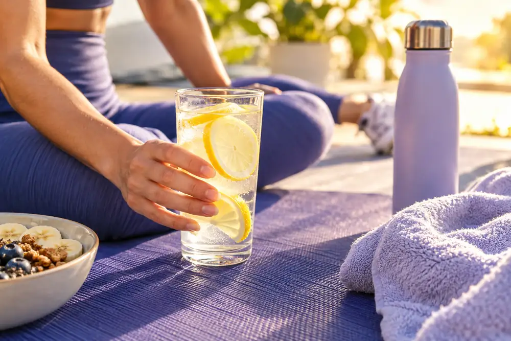 Main tenant un verre d’eau citronnée après la séance sur un tapis de sol, hydratation et récupération du sportif