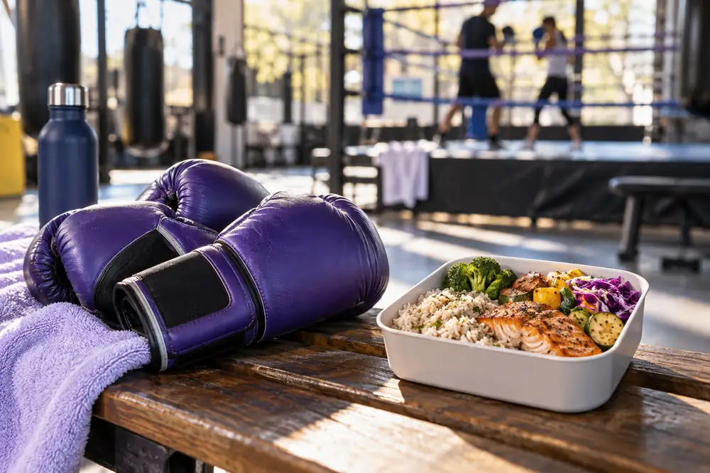 Gants de boxe posés près d’une boîte repas équilibrée, ring en arrière-plan, nutrition pour les sports de combat