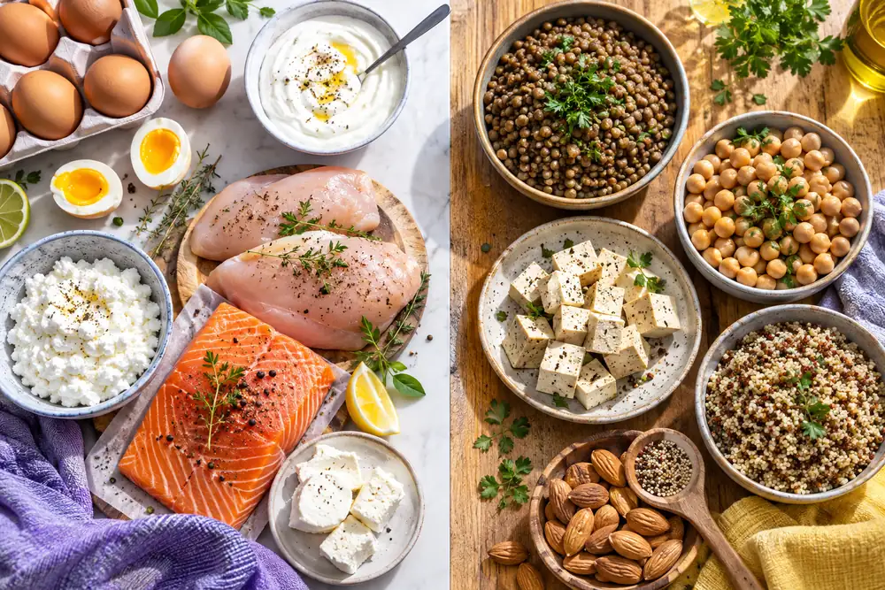 Table partagée entre œufs, poulet et poisson d’un côté, lentilles, tofu et pois chiches de l’autre, protéines animales et végétales