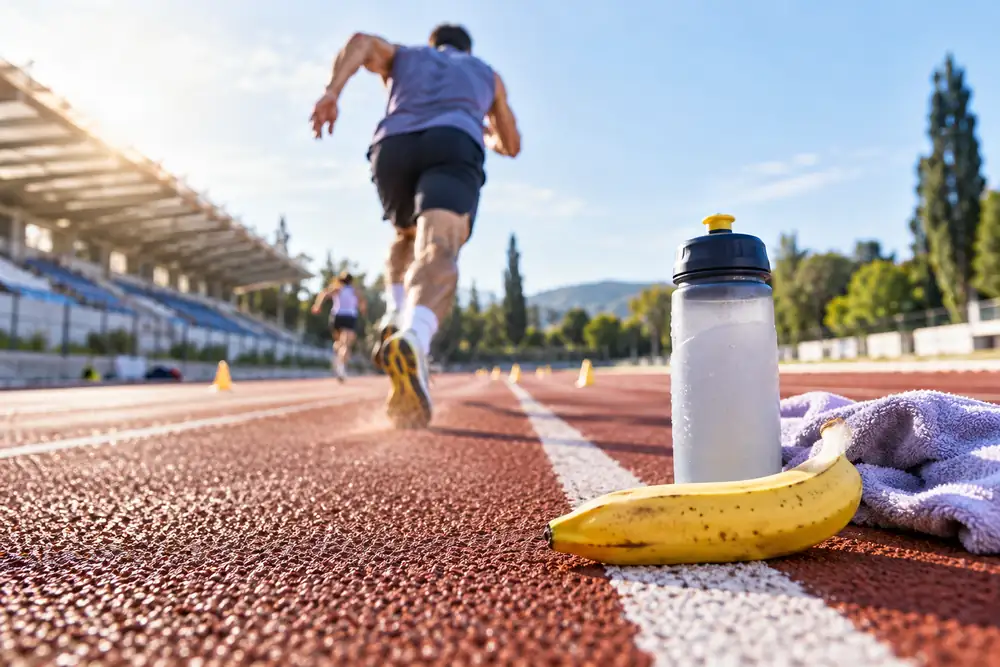 Sprinteur de dos sur une piste d’athlétisme avec une banane et une gourde au premier plan, alimentation des sports à haute intensité