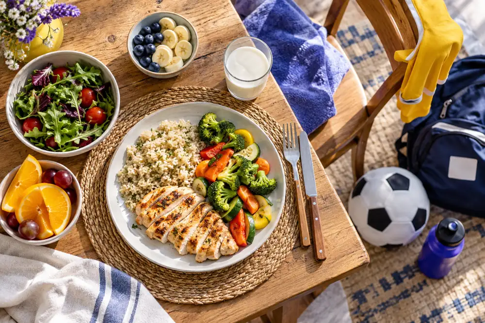 Repas familial équilibré et coloré avec ballon de football et sac de sport près de la chaise, repas des jeunes sportifs