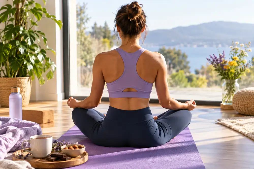 Sportive de dos assise en tailleur sur un tapis de yoga avec une tisane et des amandes, stress et nutrition du sportif